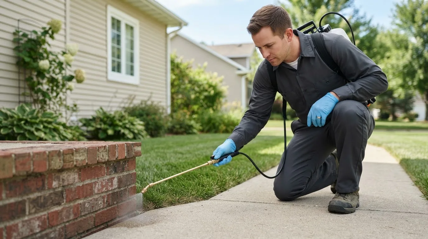 Pest control technician treating a home near Hammondsville, OH