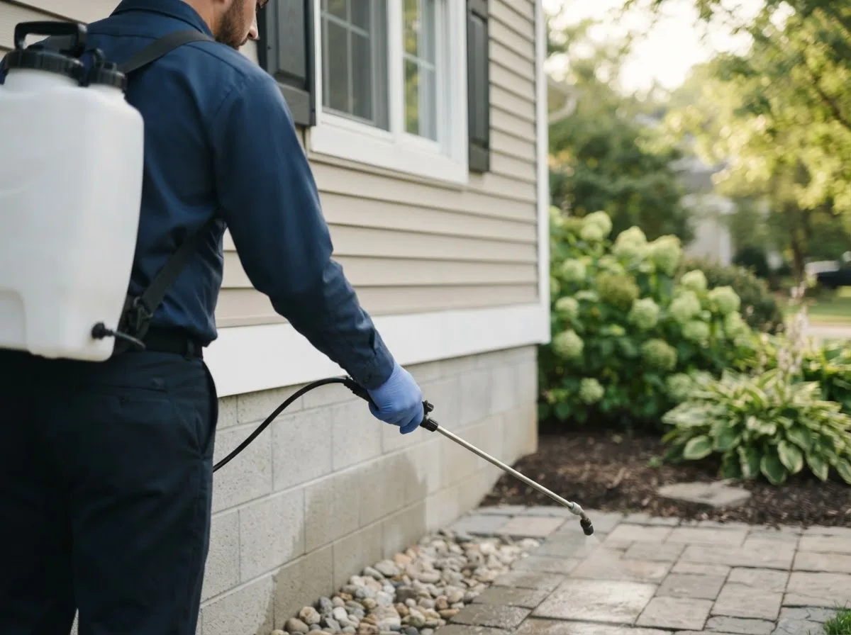 Pest control technician inspecting a home in Hammondsville, OH